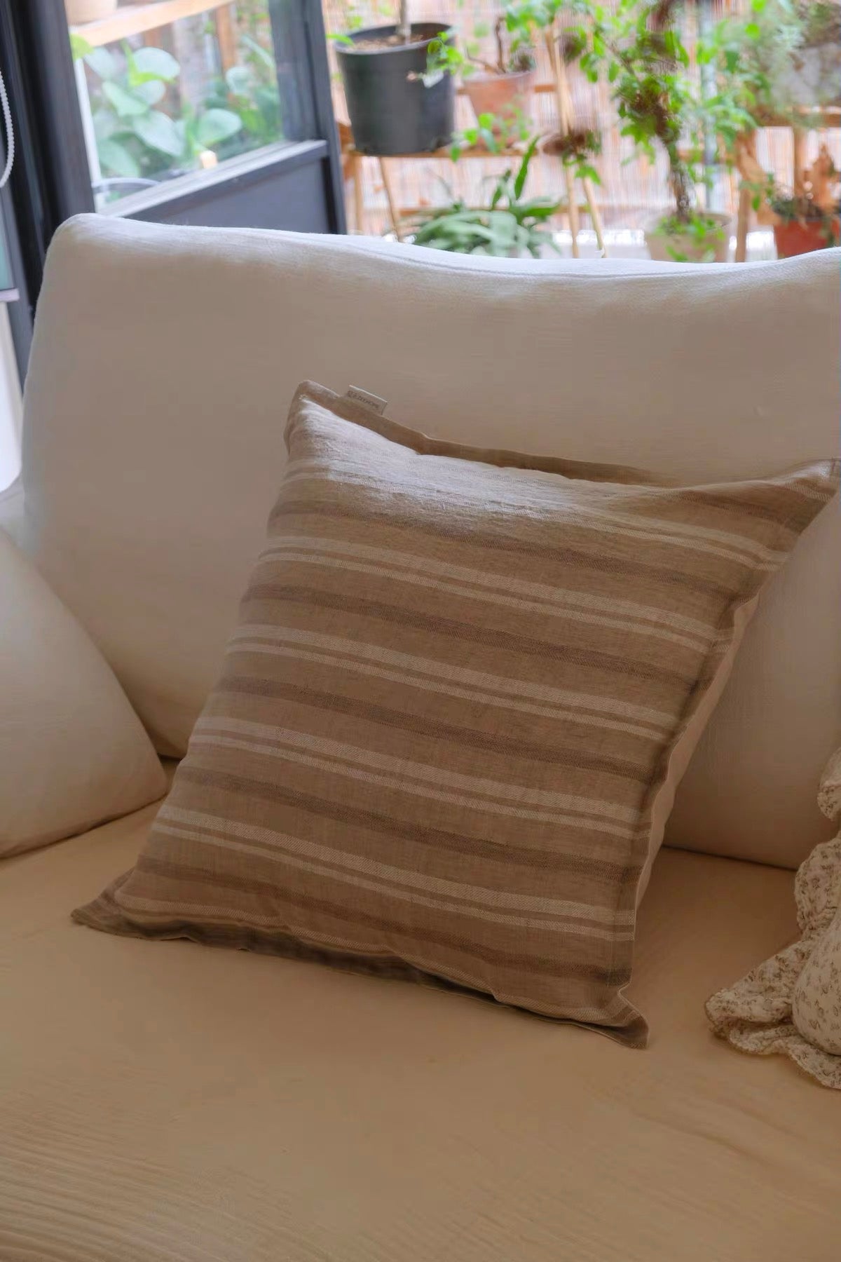 Vintage Linen Stripe Pillow Cover | Plastic-Free Natural Linen Cushion Cover | Japandi & Wabi-Sabi Decorative Pillow Cover