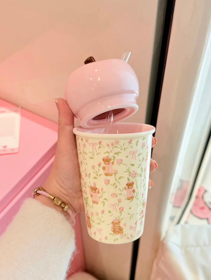 Pink Apple Blossom Bear Straw Cup