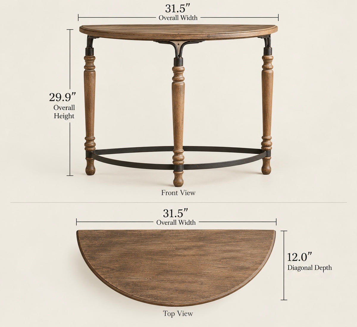 Rustic Wooden Half-Moon Round Corner Entryway Table with Iron Detailing
