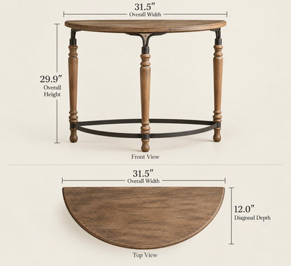 Rustic Wooden Half-Moon Round Corner Entryway Table with Iron Detailing