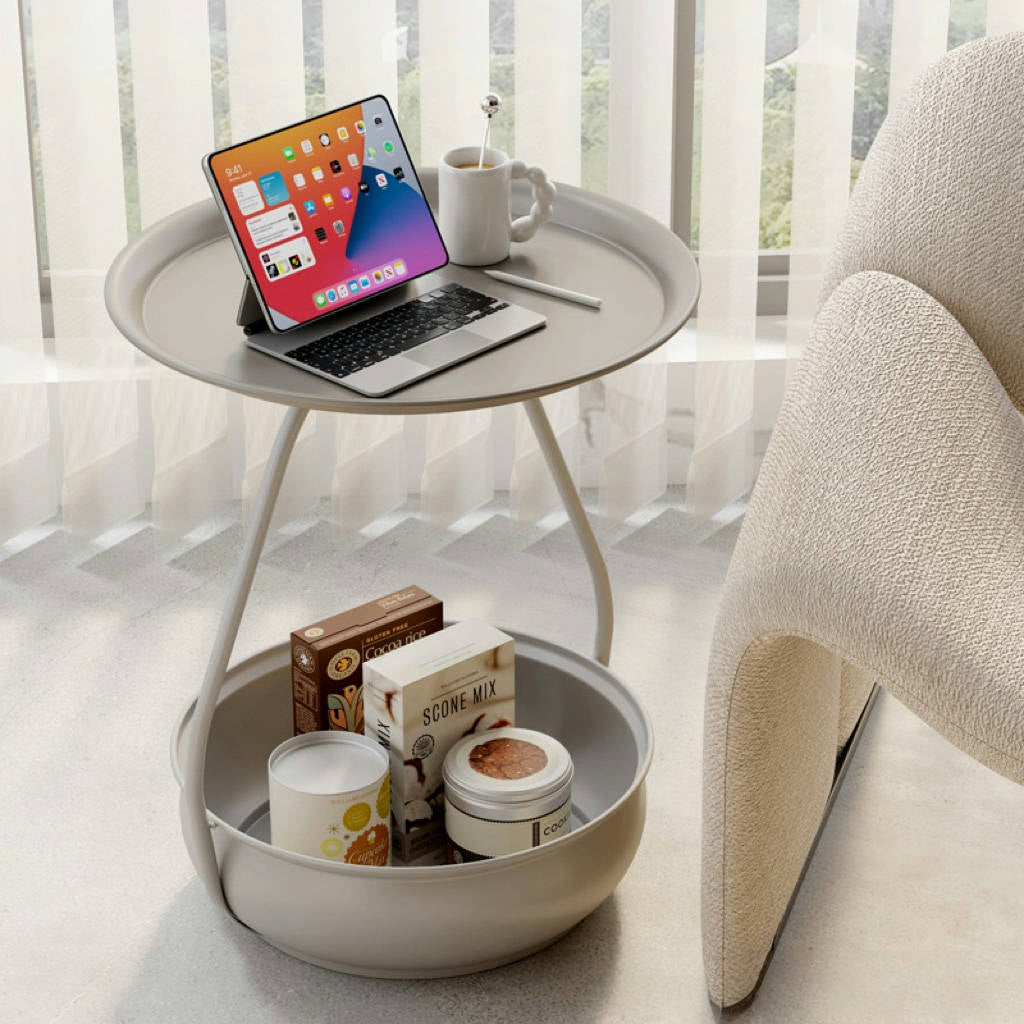 Modern Nesting Coffee Table – Round Metal Side Tables with Storage Basket for Living Room, Bedroom, Balcony, and Office