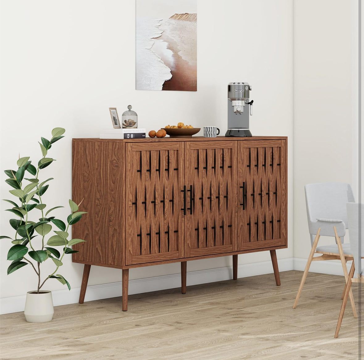 Mid-Century Modern 3-Door Storage Cabinet with Adjustable Shelves, Solid Pine Wood Legs, and Anti-Tip Design