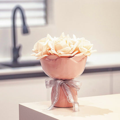 Blush Bouquet Ceramic Vase – Handcrafted Ruffled Decorative Flower Pot with Silver Ribbon