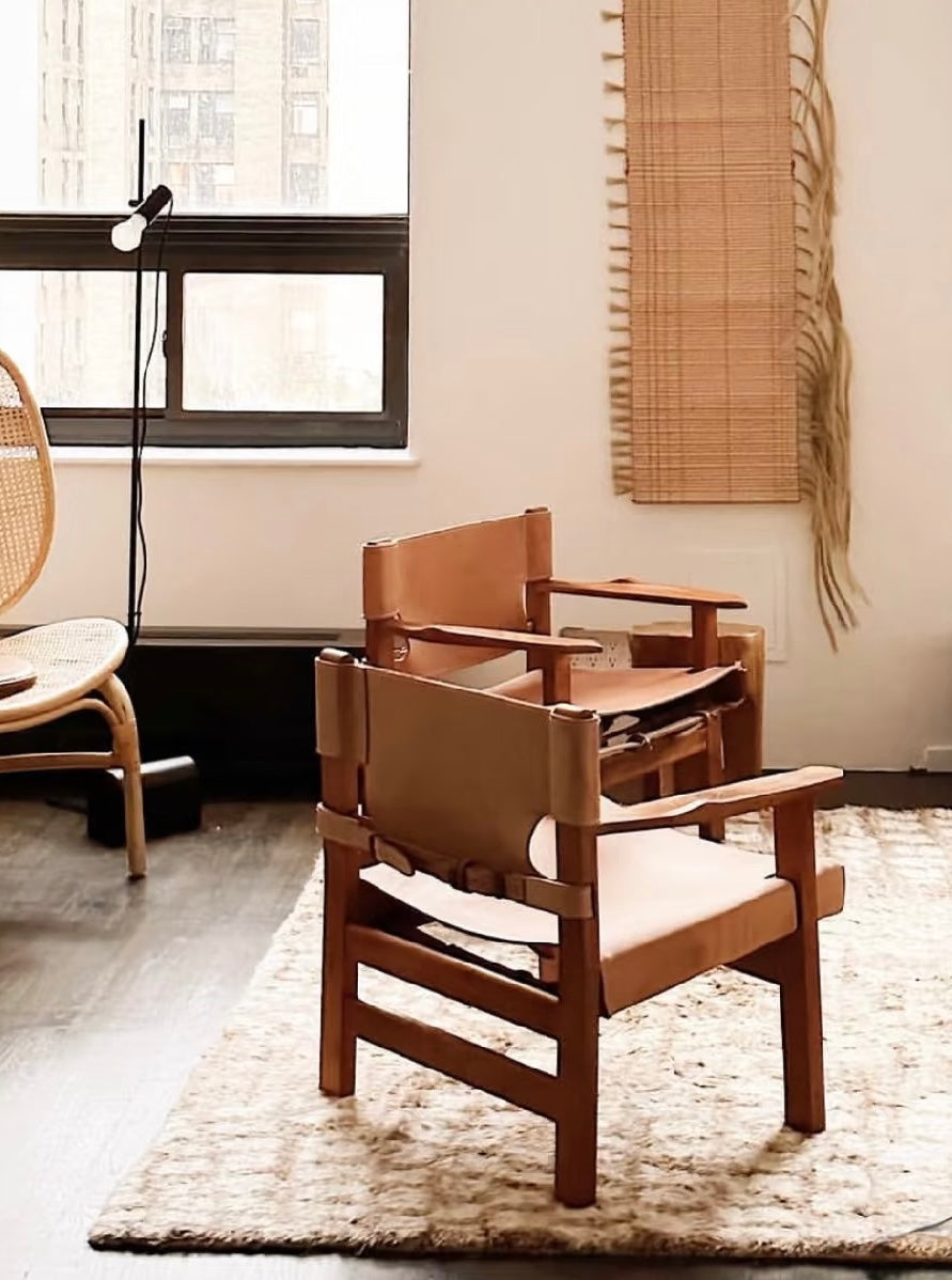 Spanish Chair | Solid Teak & Genuine Leather Sling Lounge Chair