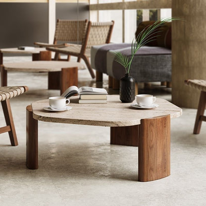 Modern Travertine Coffee Table with Walnut Legs