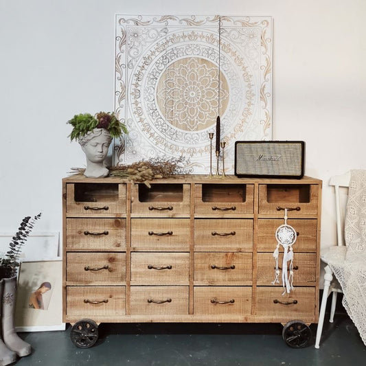 Vintage Multi-Drawer Wooden Cabinet on Wheels