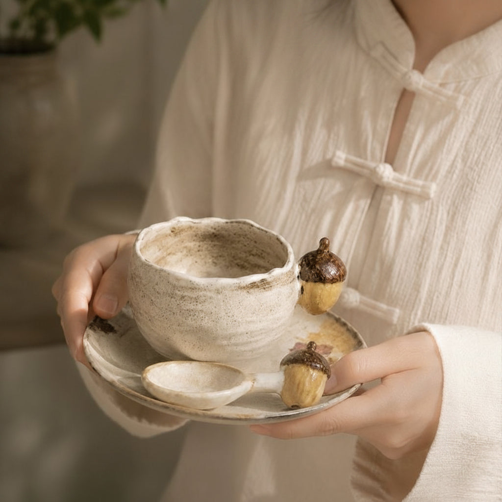 Artisan Acorn Handmade Ceramic Coffee Set | 3-Piece Wabi-Sabi Mug, Saucer & Spoon | Unique Forest-Inspired Gift