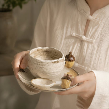 Artisan Acorn Handmade Ceramic Coffee Set | 3-Piece Wabi-Sabi Mug, Saucer & Spoon | Unique Forest-Inspired Gift
