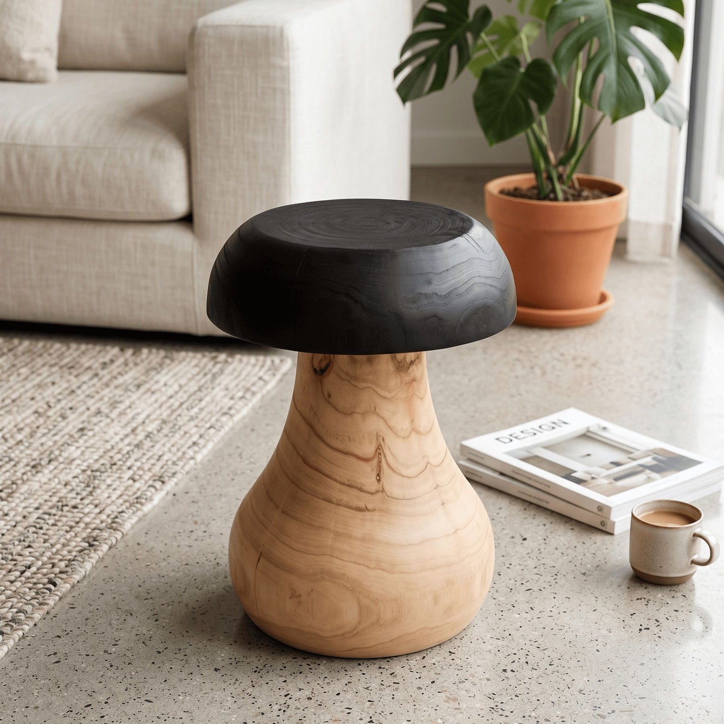 Artisan Mushroom Wood Side Table | Hand-Carved Solid Wood End Table | Charred Two-Tone Organic Modern Stool