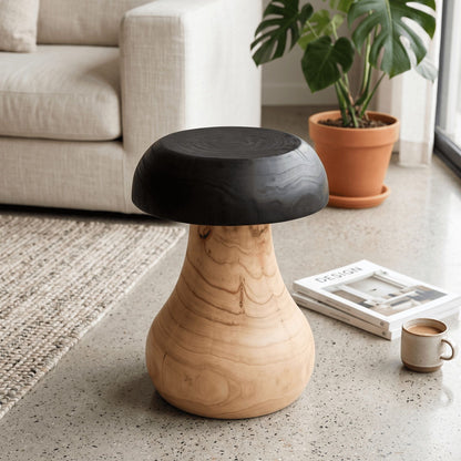 Artisan Mushroom Wood Side Table | Hand-Carved Solid Wood End Table | Charred Two-Tone Organic Modern Stool