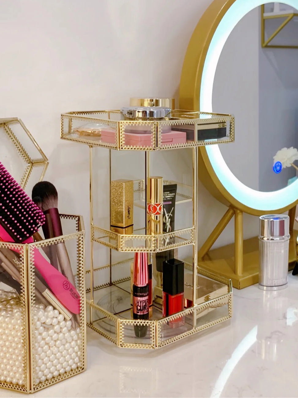 make up aufbewahrung gold Gold Glass Rotation Makeup Perfume Tray Organizer