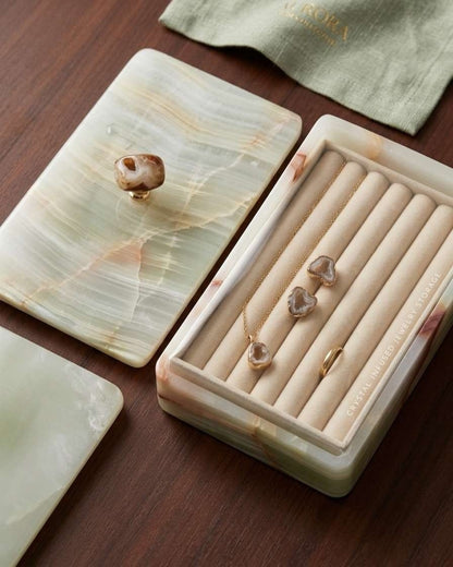 Artisan White Onyx Keepsake Box | Genuine Natural Stone Jewelry Box with Ornate Gold Handle | Unique Luxury Home Deco