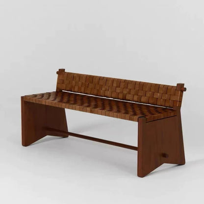 Handwoven Leather & Solid Wood Bench