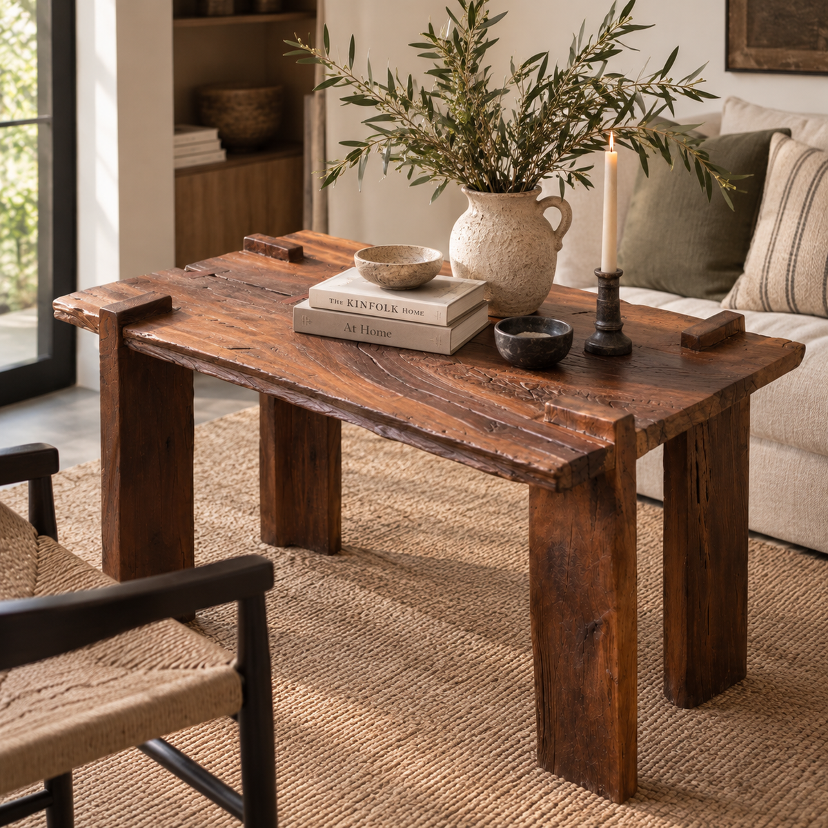 Rustic handcrafted solid wood artisan table with natural wood grain and exposed joinery styled in an organic modern interior.