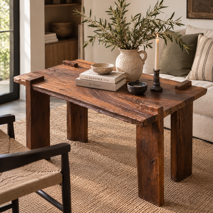 Rustic handcrafted solid wood artisan table with natural wood grain and exposed joinery styled in an organic modern interior.