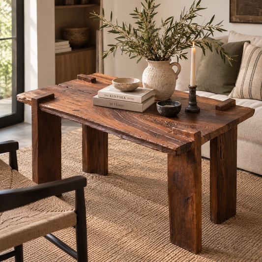 Rustic handcrafted solid wood artisan table with natural wood grain and exposed joinery styled in an organic modern interior.