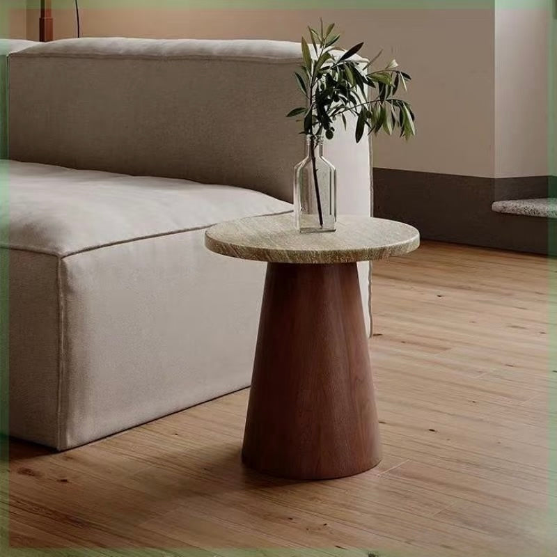 Travertine Top & Solid Walnut Tapered Base | Indoor-Outdoor Organic Modern Accent