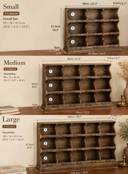 Three wooden wall-mounted storage racks shown in small, medium, and large sizes with dimension labels and measurements on a beige wall.