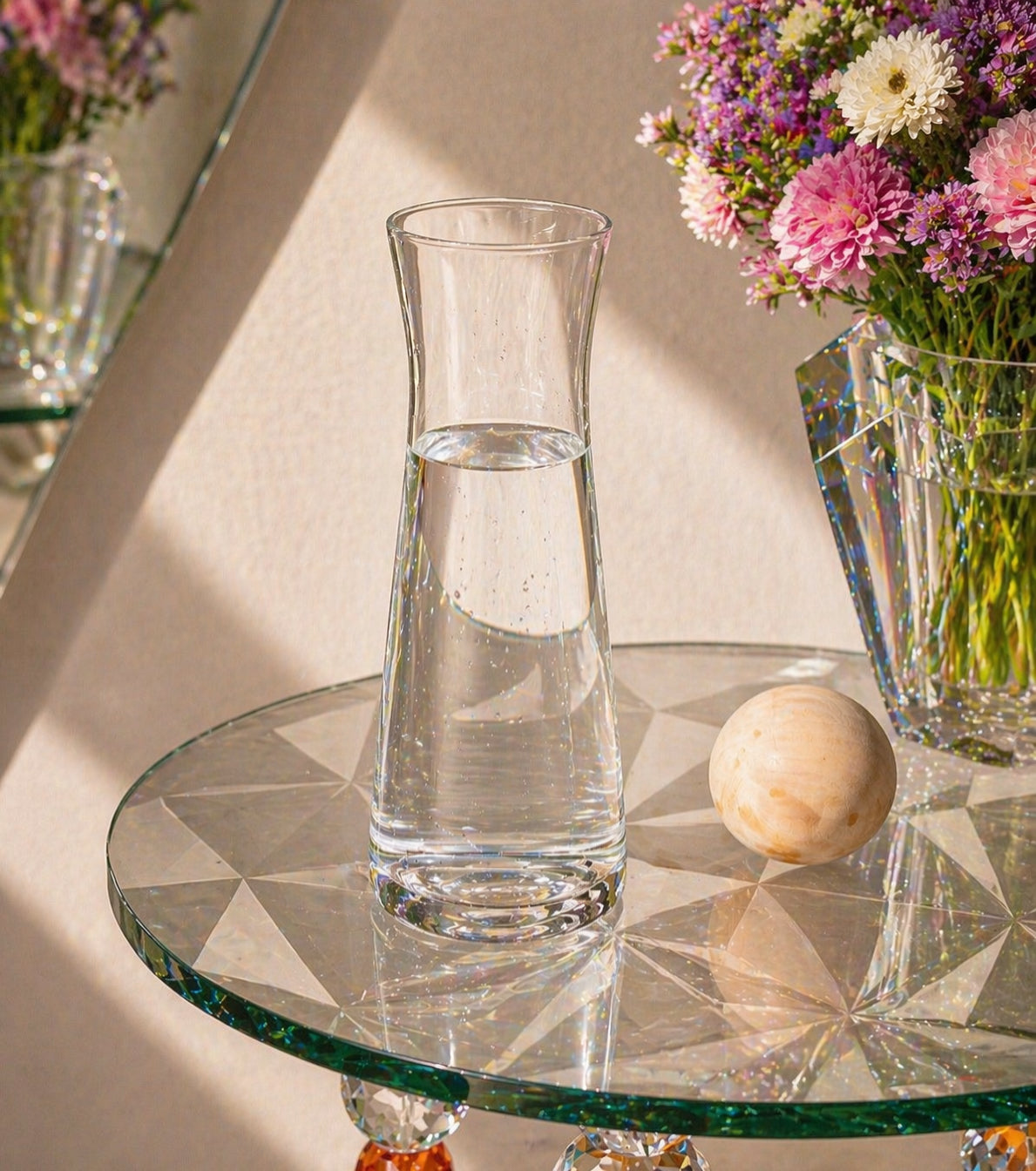 Clear glass carafe on a decorative table with flowers in the background