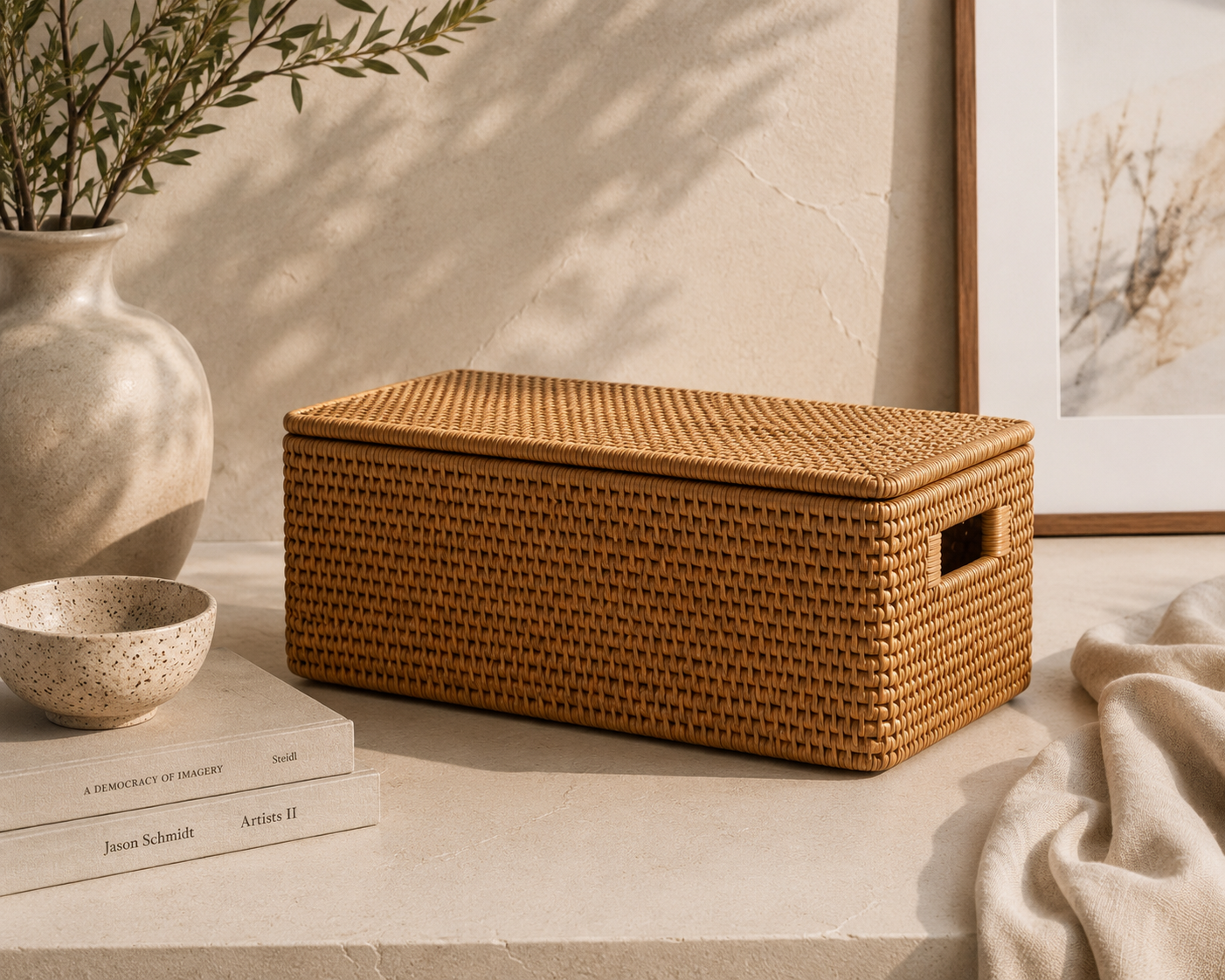 Handmade Woven Rattan Basket with Lid – Multi-Size Storage Box for Bathroom, Closet, or Living Room