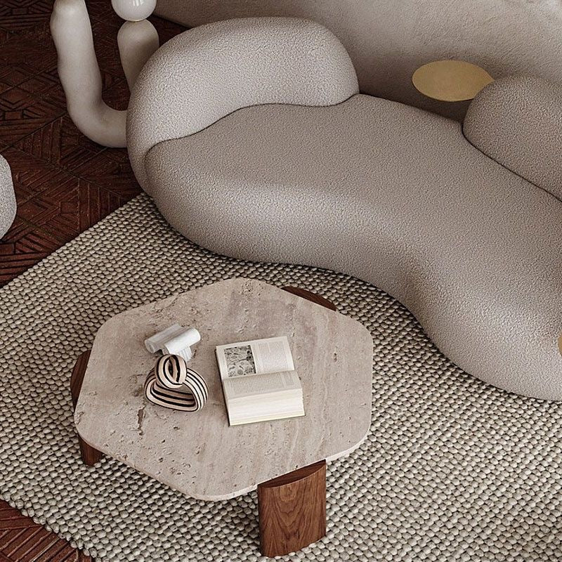 Organic Travertine Coffee Table | Round Stone Coffee Table with Solid Wood Legs