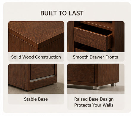 Close up of smooth solid wood drawer fronts and stable base design