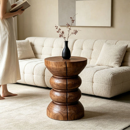 Sculptural Geometric Solid Wood Stool & Side Table