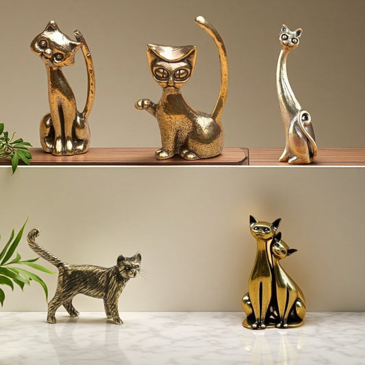 Modern Brass Cat Figurines | Sculptural Shelf & Table Decor