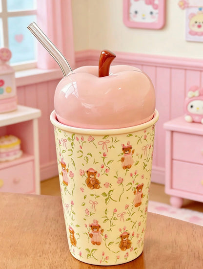Pink Apple Blossom Bear Straw Cup