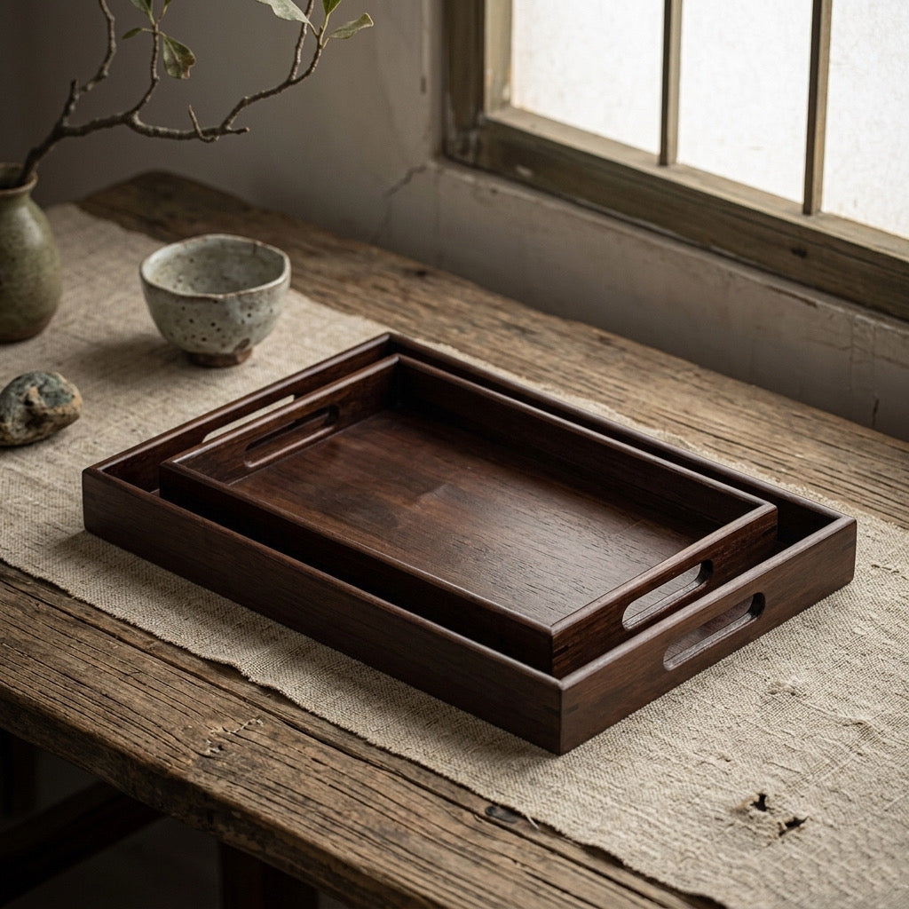 Handcrafted Large Solid Wood Nesting Serving Trays Minimalist Coffee Table & Ottoman Tray Decor