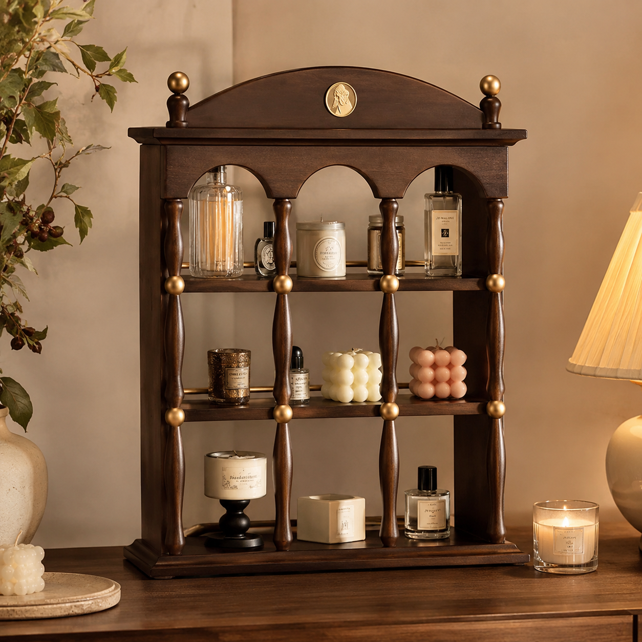 Vintage Walnut Architectural Display Shelf – 3-Tier Perfume & Decor Organizer