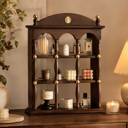 Vintage Walnut Architectural Display Shelf – 3-Tier Perfume & Decor Organizer