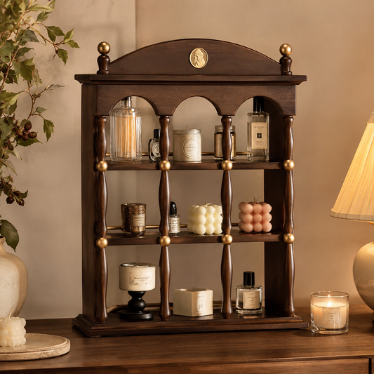 Vintage Walnut Architectural Display Shelf – 3-Tier Perfume & Decor Organizer