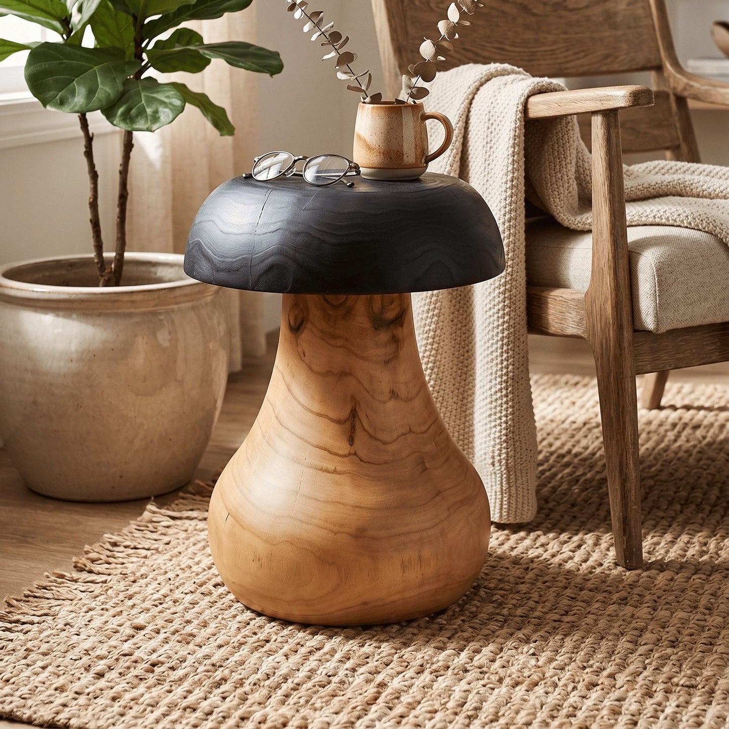 Artisan Mushroom Wood Side Table | Hand-Carved Solid Wood End Table | Charred Two-Tone Organic Modern Stool