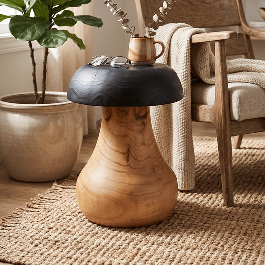 Artisan Mushroom Wood Side Table | Hand-Carved Solid Wood End Table | Charred Two-Tone Organic Modern Stool