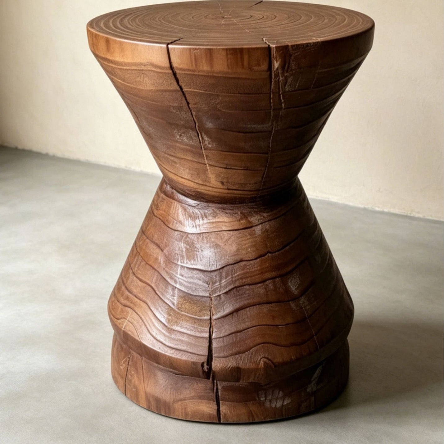 Sculptural Geometric Solid Wood Stool & Side Table