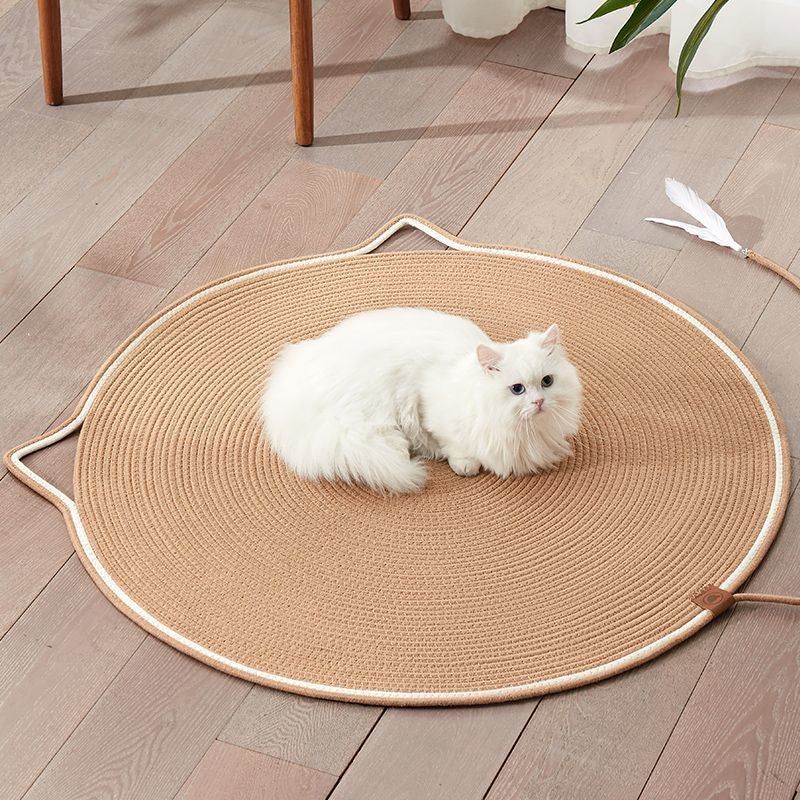 Hand-Woven Sisal Cat Scratching Mat | Durable Cat Head Shaped Floor Pad & Play Toy