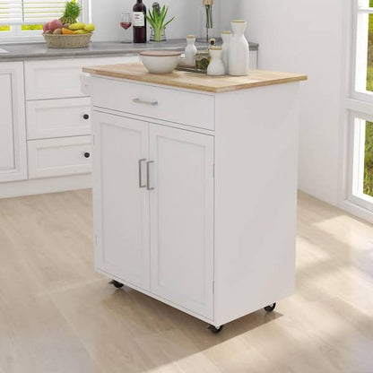 Rolling Kitchen Island Cart with Storage – White Cabinet, Wood Countertop, Drawers, Shelves, and Towel Rack