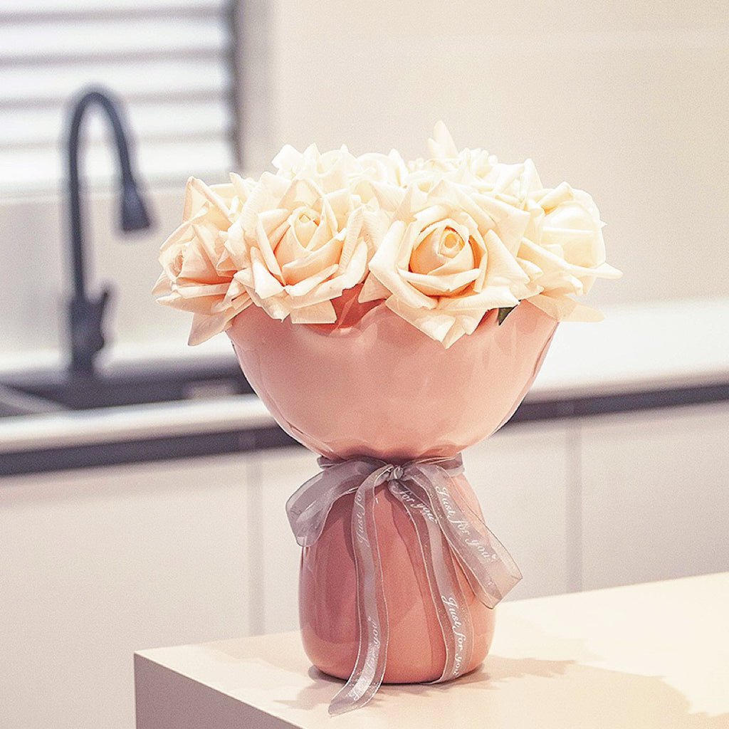 Blush Bouquet Ceramic Vase – Handcrafted Ruffled Decorative Flower Pot with Silver Ribbon