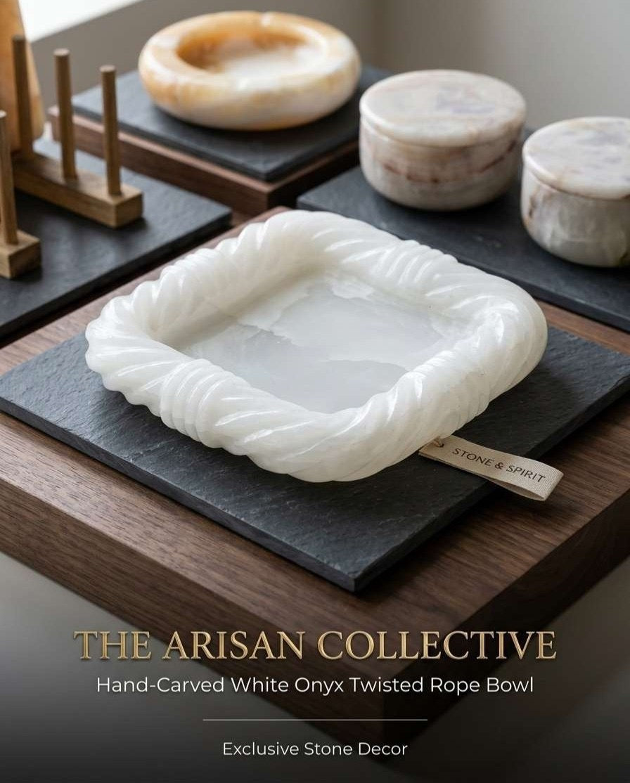Hand-Carved Twisted Rope Marble Tray | Sculptural Onyx Catchall & Decorative Centerpiece | Luxury Artisan Stone Deco