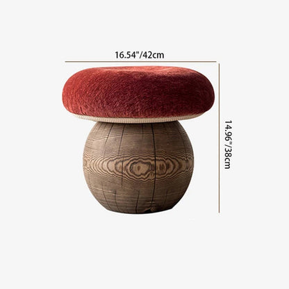 A mushroom-shaped pouf stool with a round textured red velvet cap and a round wooden base, shown with dimension lines indicating 16.54 inches in diameter and 14.