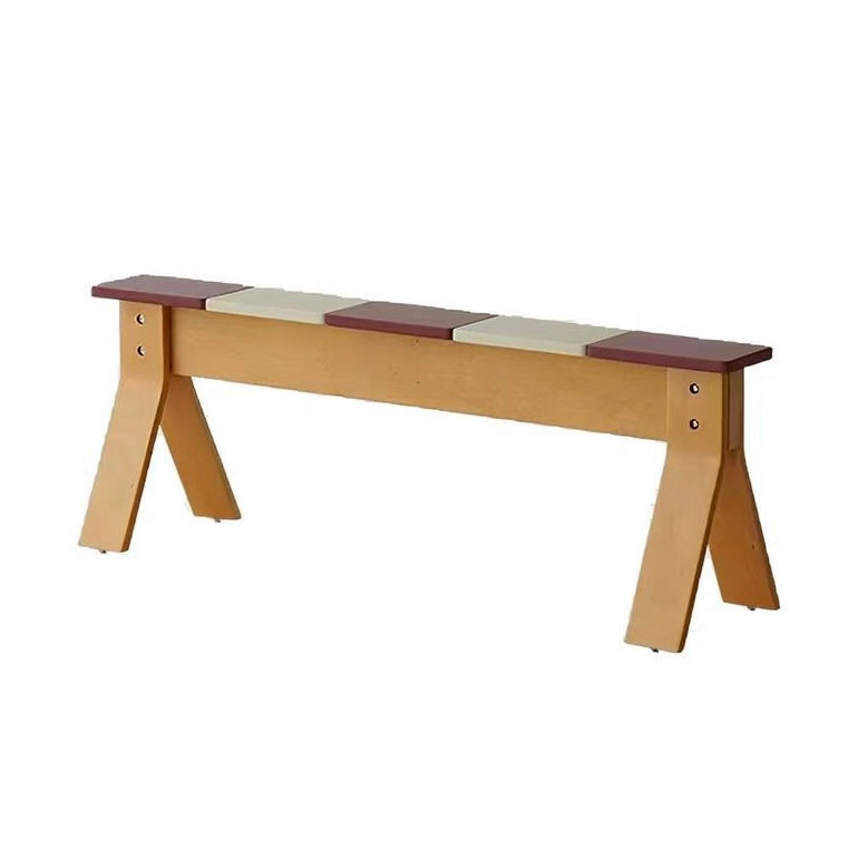 A wooden bench with a light natural wood frame and legs, featuring a segmented seat composed of alternating dark reddish-brown and cream panels, shown on a plain white background.