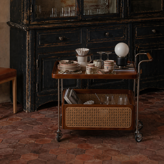 Mid-Century Rolling Bar Cart with Rattan Shelf – Wood & Metal Serving Cart for Coffee Station, Sofa Side Table, Nightstand Cart 
 2-Tier Rolling Side Table Serving Trolley