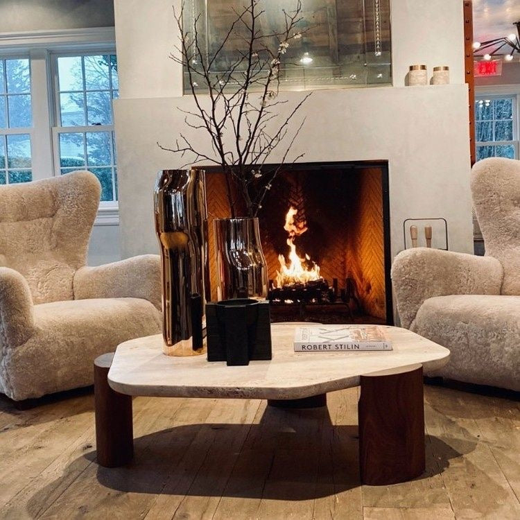 Biomorphic Travertine Coffee Table | Organic Modern Stone & Walnut Furniture | Sculptural Low Centerpiece
