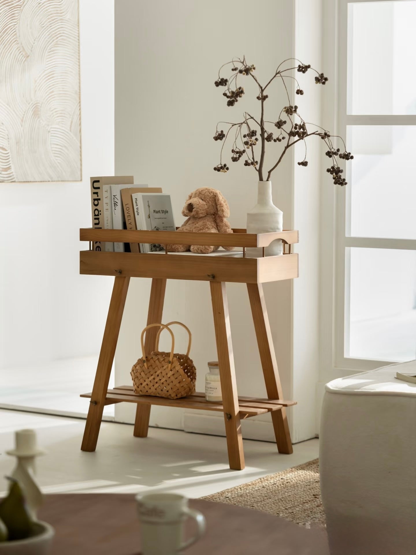 Japandi 2-Tier Solid Wood Plant Stand – Minimalist Indoor Garden Console Wooden Plant Stand – Tray Top Console & Display Shelf