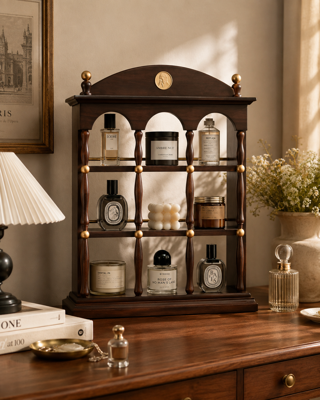 Vintage Walnut Architectural Display Shelf – 3-Tier Perfume & Decor Organizer