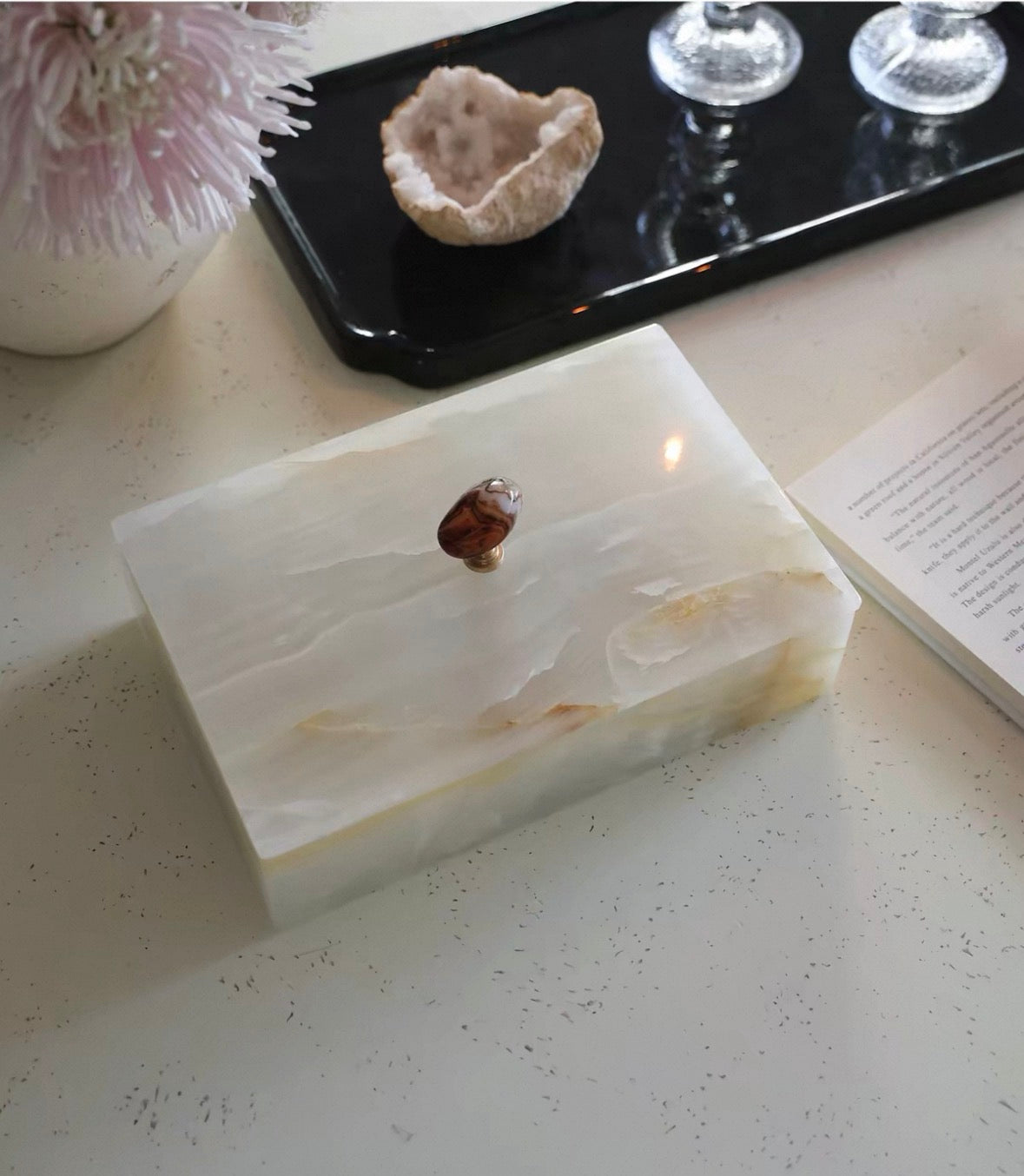 Artisan White Onyx Keepsake Box | Genuine Natural Stone Jewelry Box with Ornate Gold Handle | Unique Luxury Home Deco