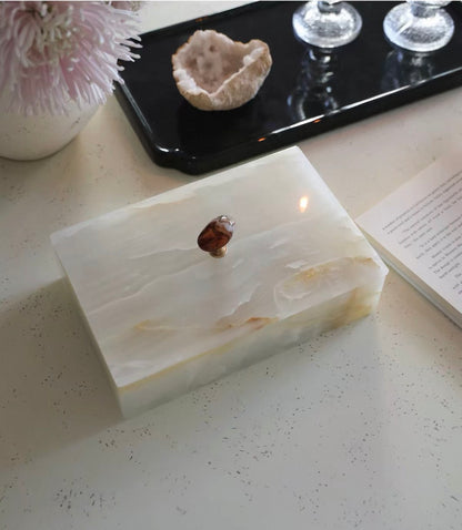Artisan White Onyx Keepsake Box | Genuine Natural Stone Jewelry Box with Ornate Gold Handle | Unique Luxury Home Deco