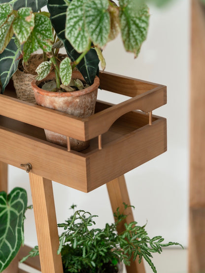 Japandi 2-Tier Solid Wood Plant Stand – Minimalist Indoor Garden Console Wooden Plant Stand – Tray Top Console & Display Shelf
