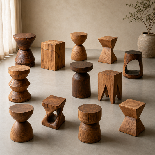 Sculptural Geometric Solid Wood Stool & Side Table